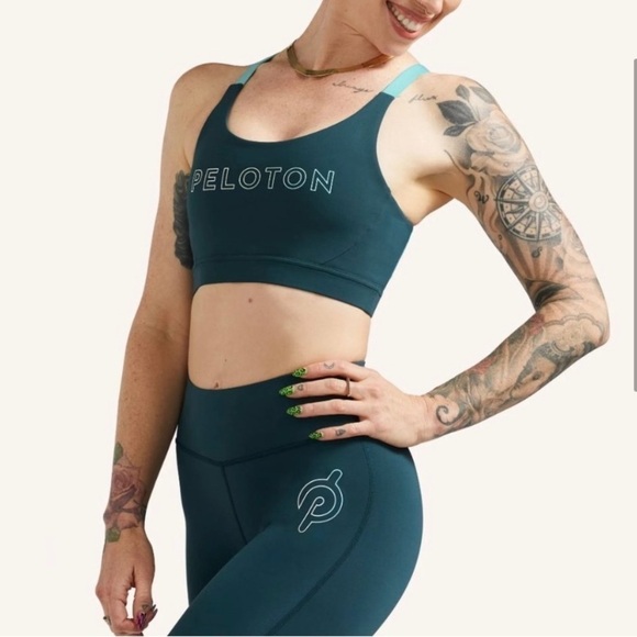 NWT Peloton Blue Colorblock Mesh Crisscross Back Logo Sports Bra Size Small - Picture 2 of 7